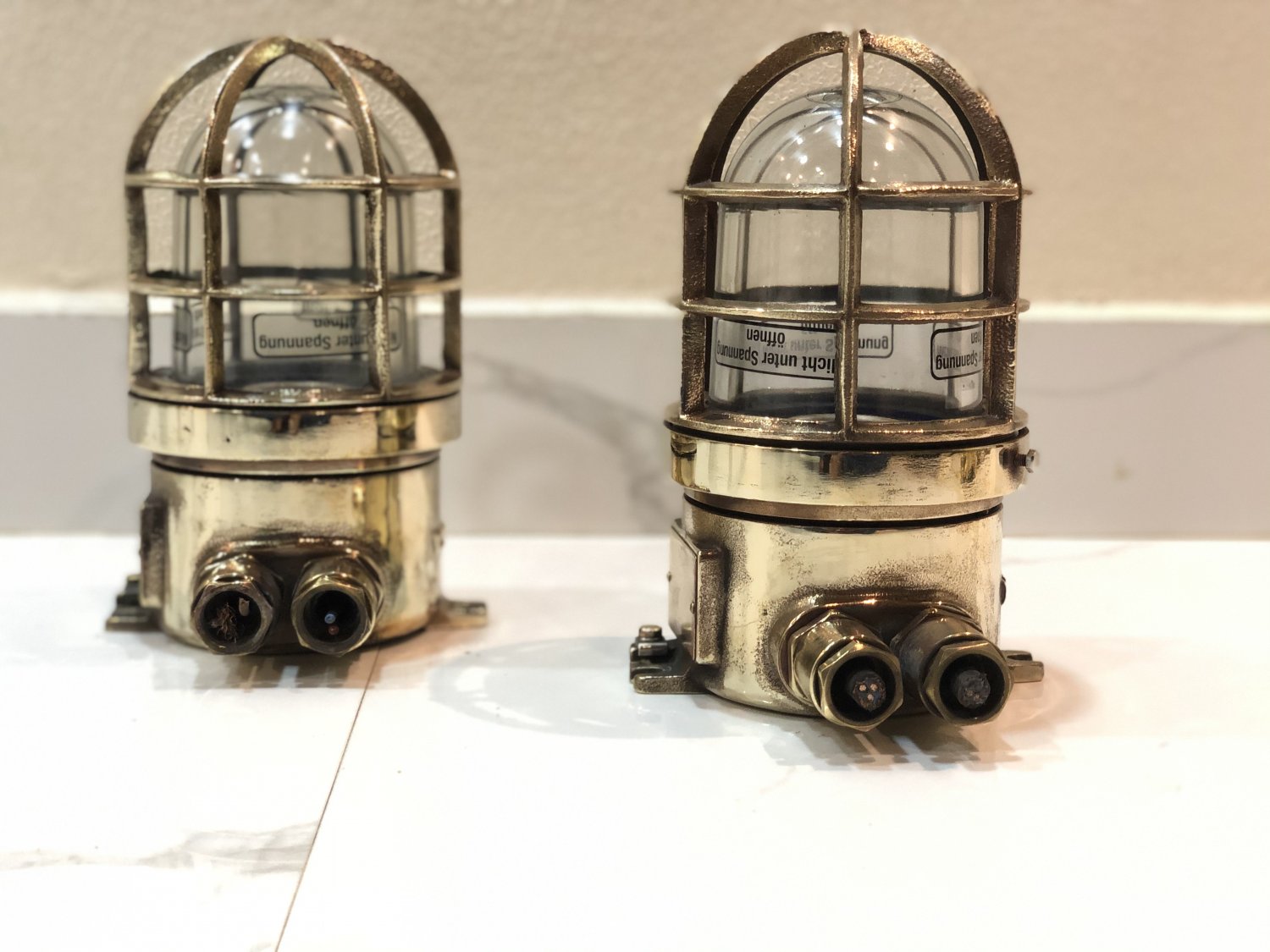 Old Nautical Antique Ship Brass Original Post Mounted Bulkhead Light 2 Pieces