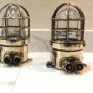 Old Nautical Antique Ship Brass Original Post Mounted Bulkhead Light 2 Pieces
