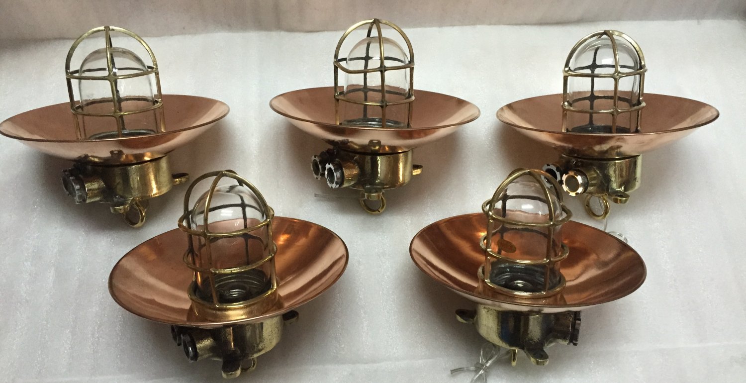 Antique Nautical Ship Brass Long Vintage Pendant Light with Shade & Hook 5 Pieces