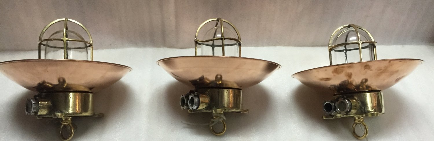 Antique Nautical Ship Brass Long Vintage Pendant Light with Shade & Hook 3 Pieces