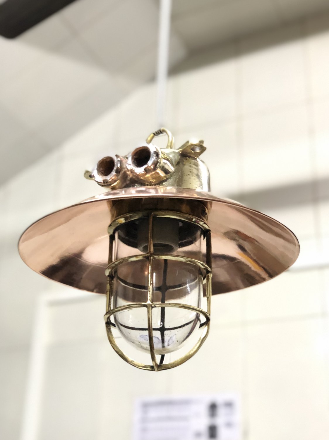 Antique Nautical Ship Brass Long Vintage Pendant Light with Shade & Hook 1 Piece