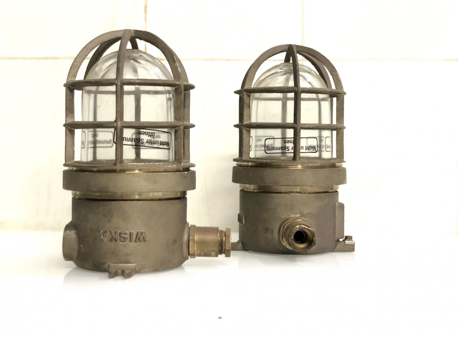 Old Nautical Antique Ship Brass Original Post Mounted Bulkhead Light 2 Pieces