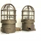 Old Nautical Antique Ship Brass Original Post Mounted Bulkhead Light 2 Pieces