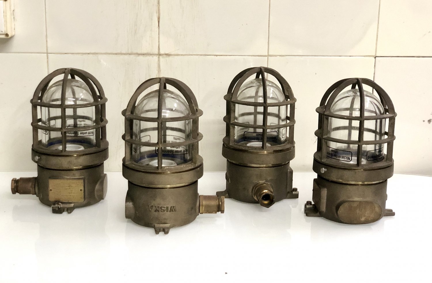 Old Nautical Antique Ship Brass Original Post Mounted Bulkhead Light 4 Pieces