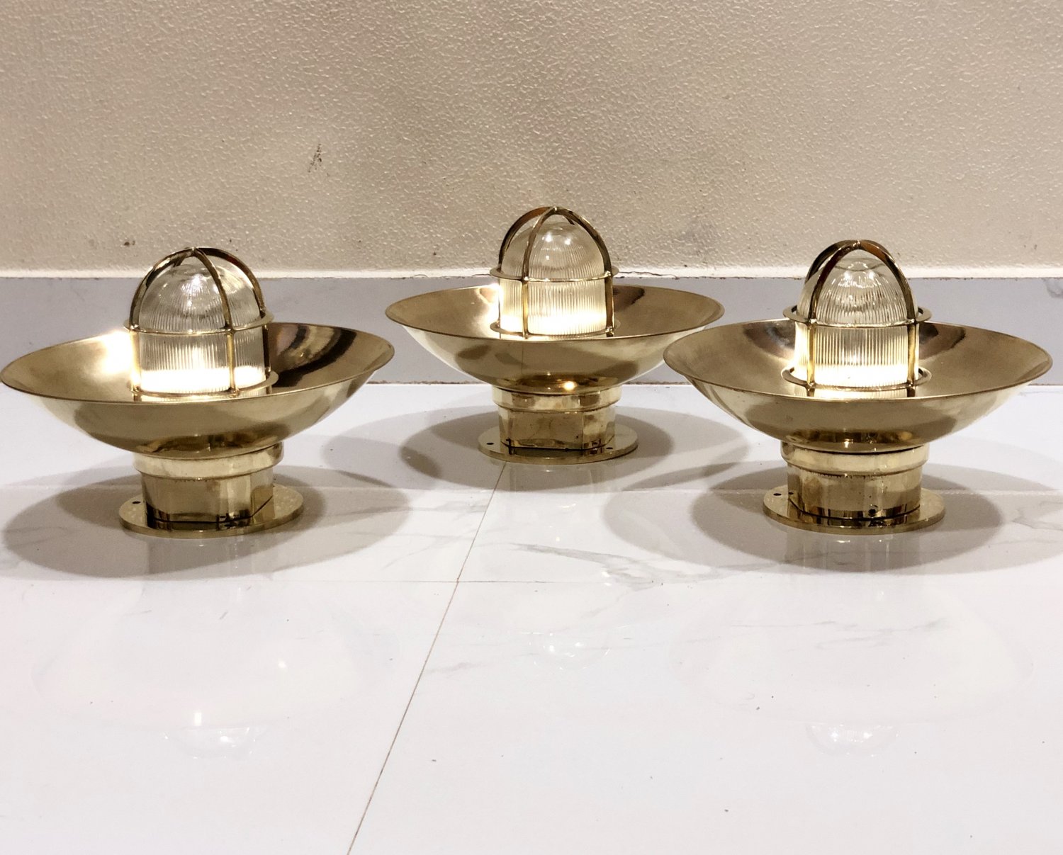 Authentic Nautical Antique Original Ceiling Mounted Bulkhead Lamp with Shade Cap 3 Pieces