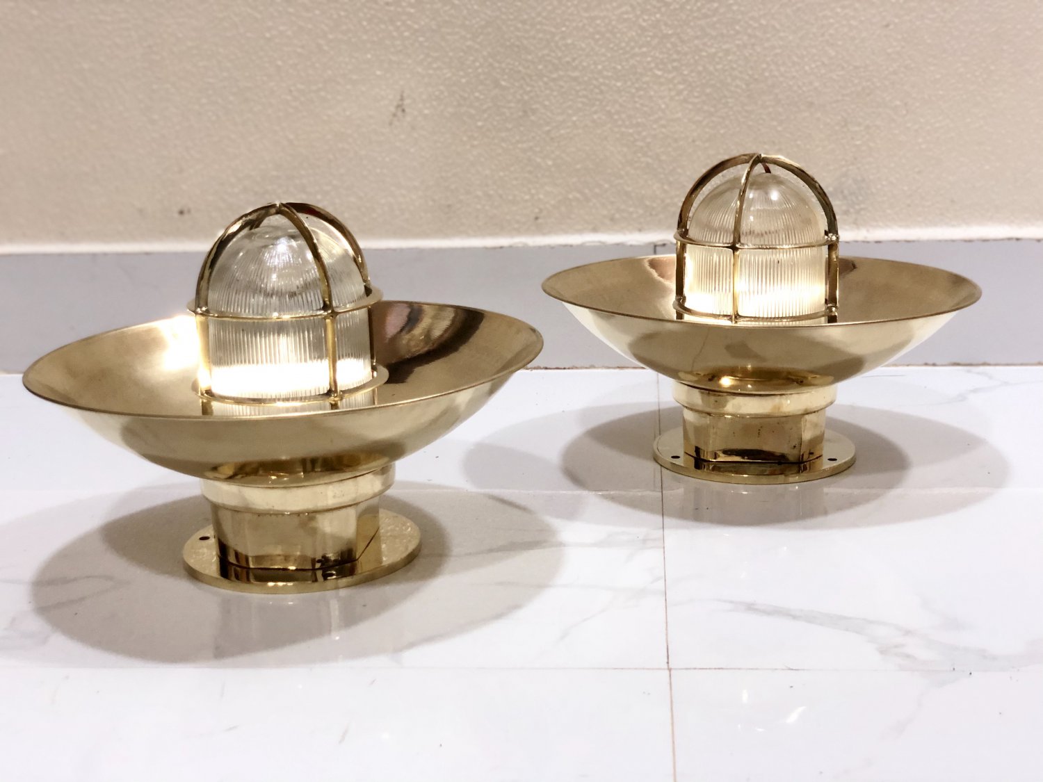 Authentic Nautical Antique Original Ceiling Mounted Bulkhead Lamp with Shade Cap 2 Pieces