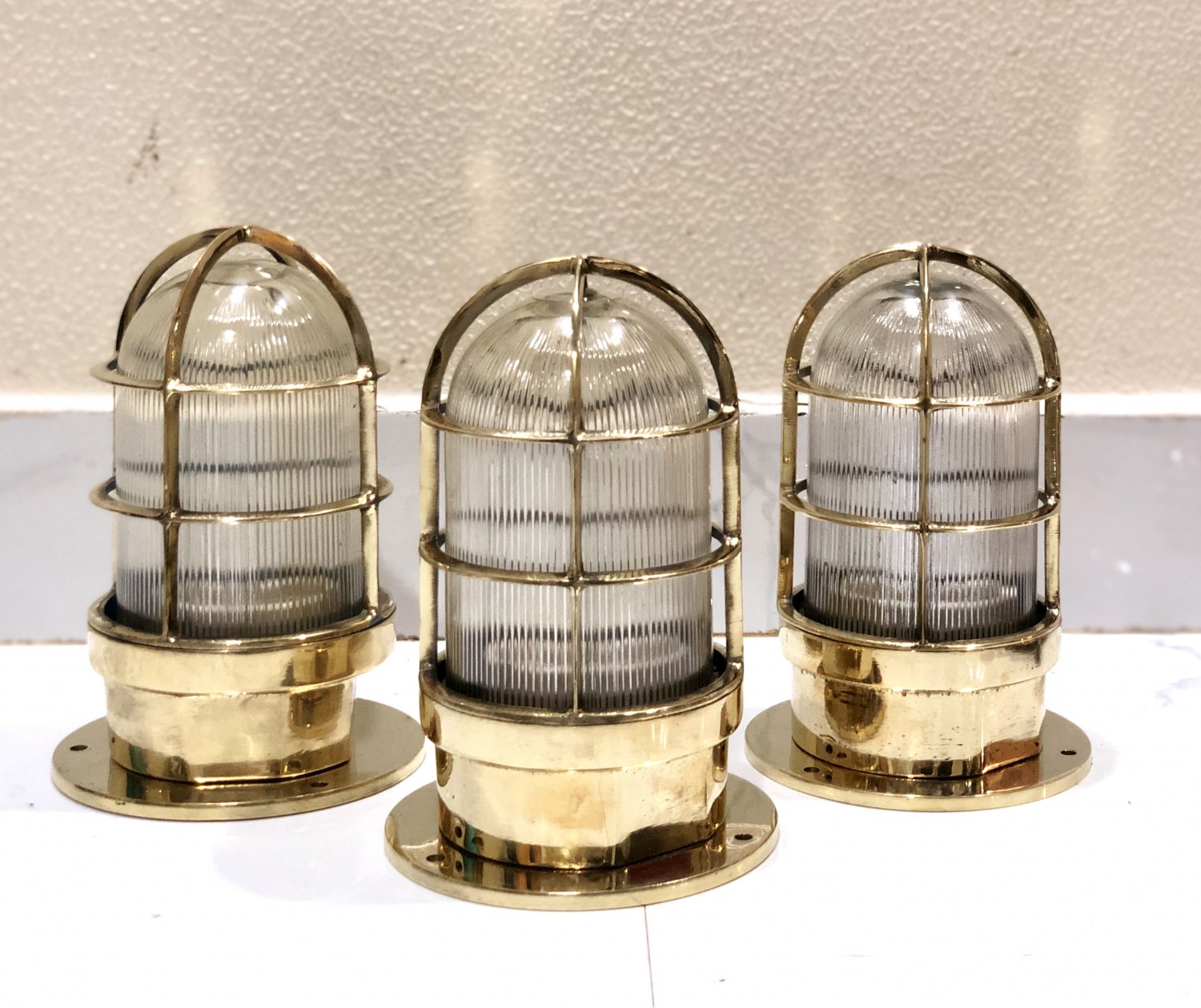 Original Reclaimed Nautical Antique Old Ship Brass Ceiling Wall Mounted Bulkhead Light 3 Pieces