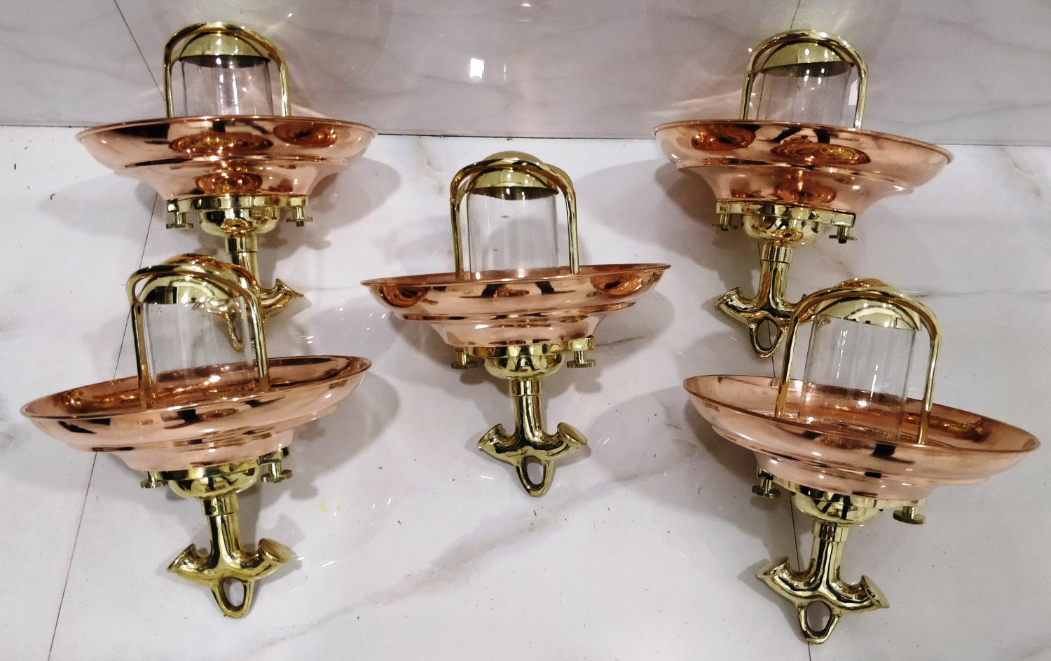 Nautical Vintage Style Hanging Cargo Bulkhead Brass & Copper Shade New light 5 Pieces
