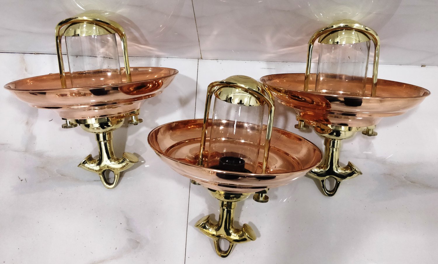 Nautical Vintage Style Hanging Cargo Bulkhead Brass & Copper Shade New light 3 Pieces