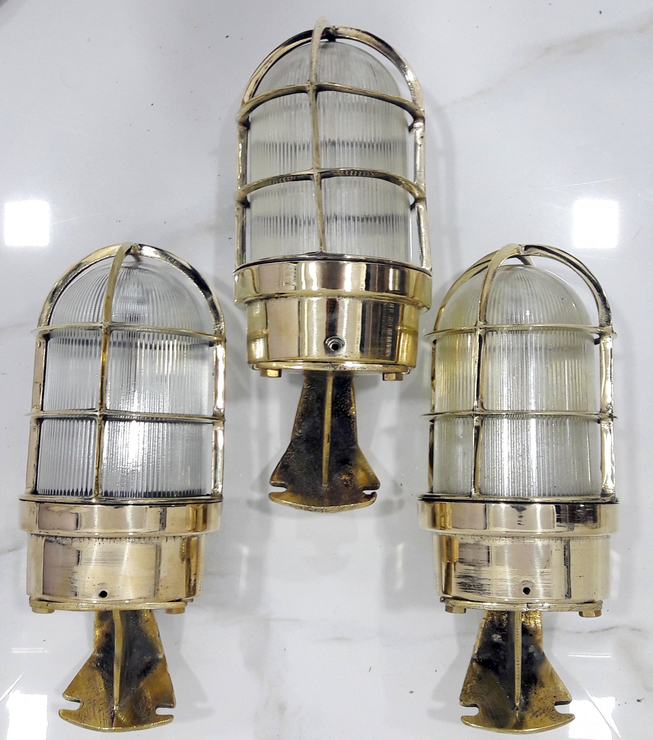 Industrial Reclaimed Old Brass Nautical Passageway Sconce Light 3 Pieces