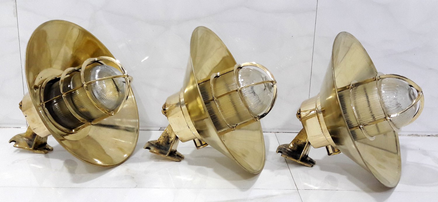 Marine Antique Old Ship Brass Original Wall Sconce Bulkhead Mount Light With Brass Shade 3 Pieces