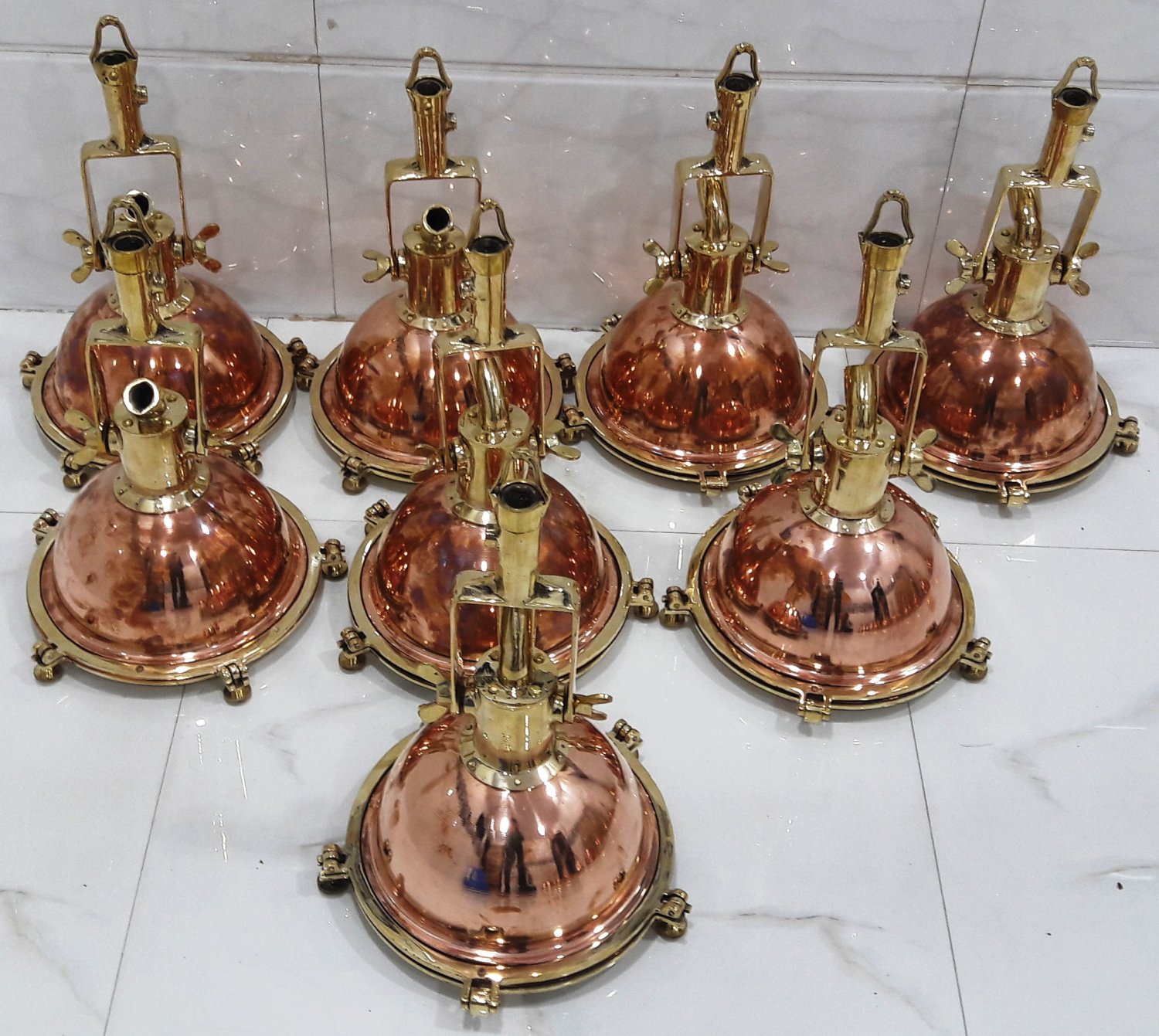 Nautical New Marine Copper And Brass Ship Hanging Cargo Pendant Spot Light 8 Piece