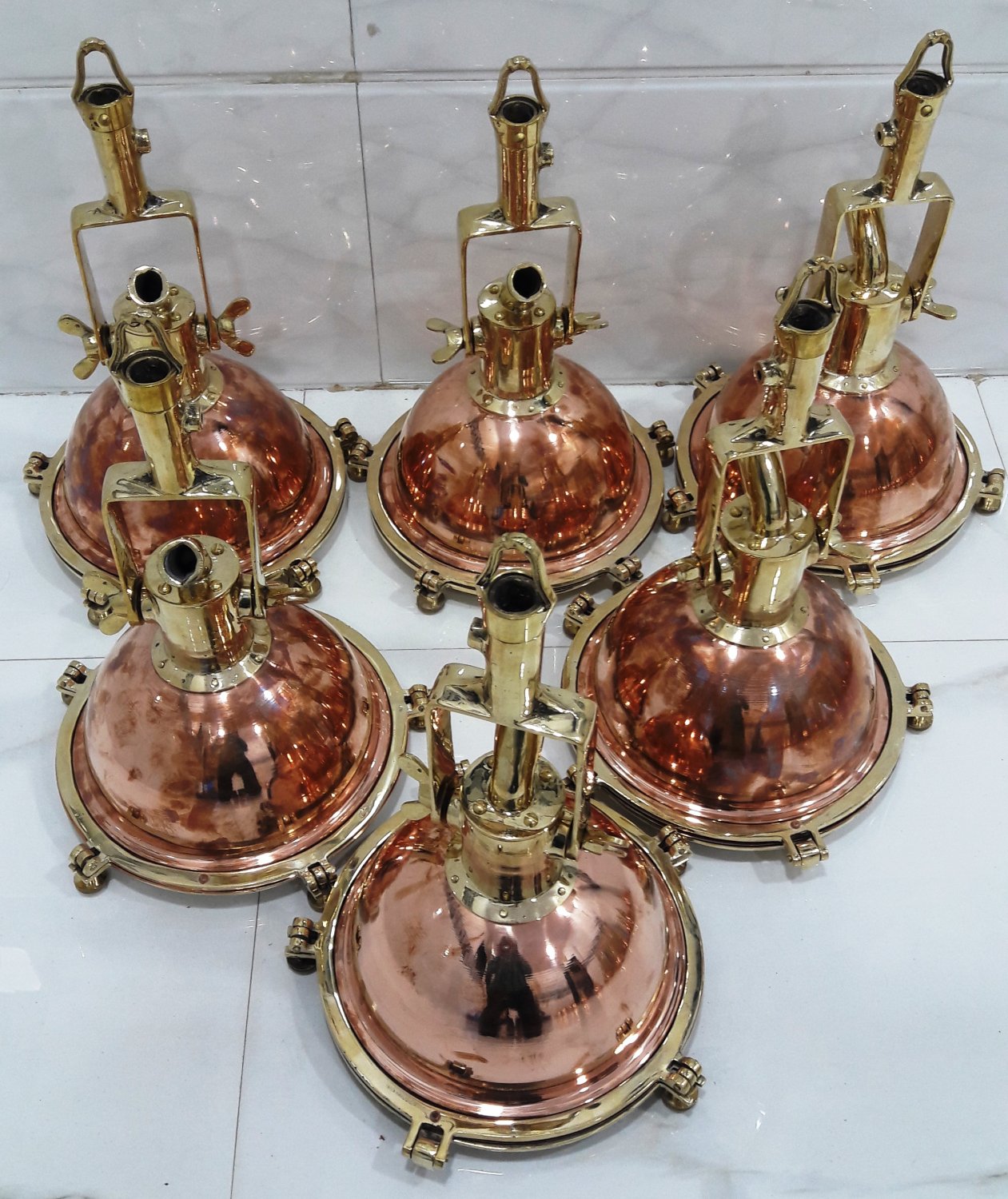 Nautical New Marine Copper And Brass Ship Hanging Cargo Pendant Spot Light 6 Piece