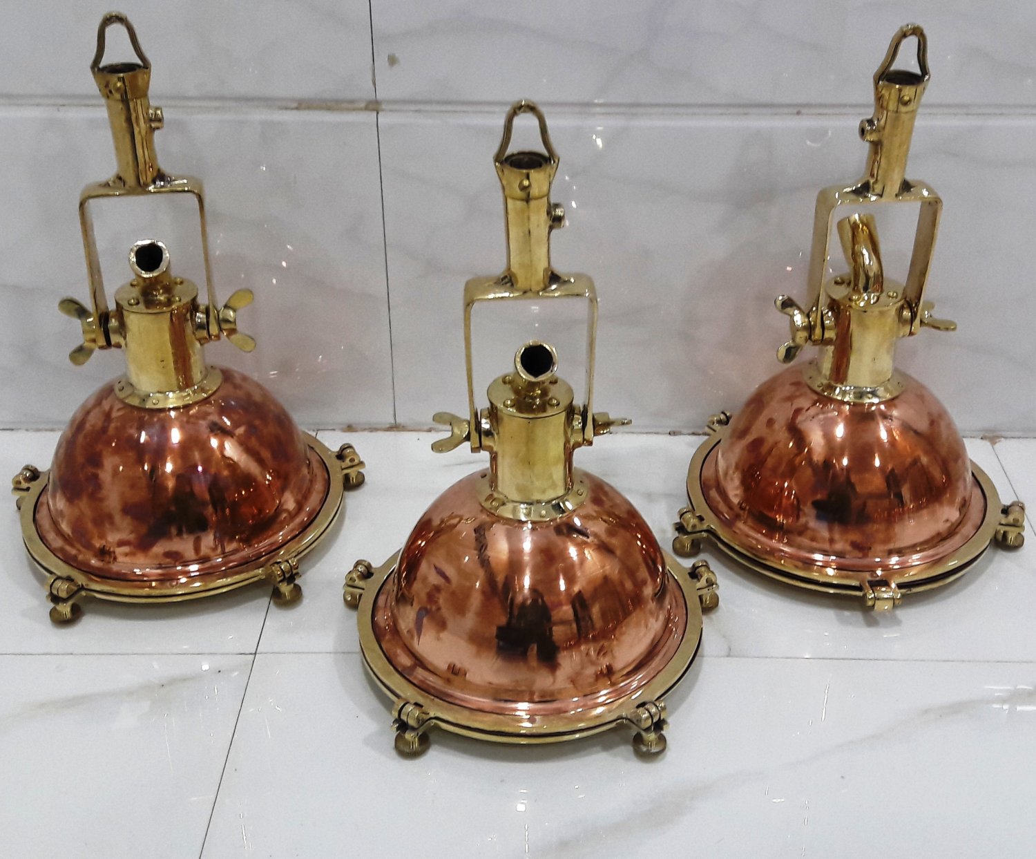 Nautical New Marine Copper And Brass Ship Hanging Cargo Pendant Spot Light 3 Piece