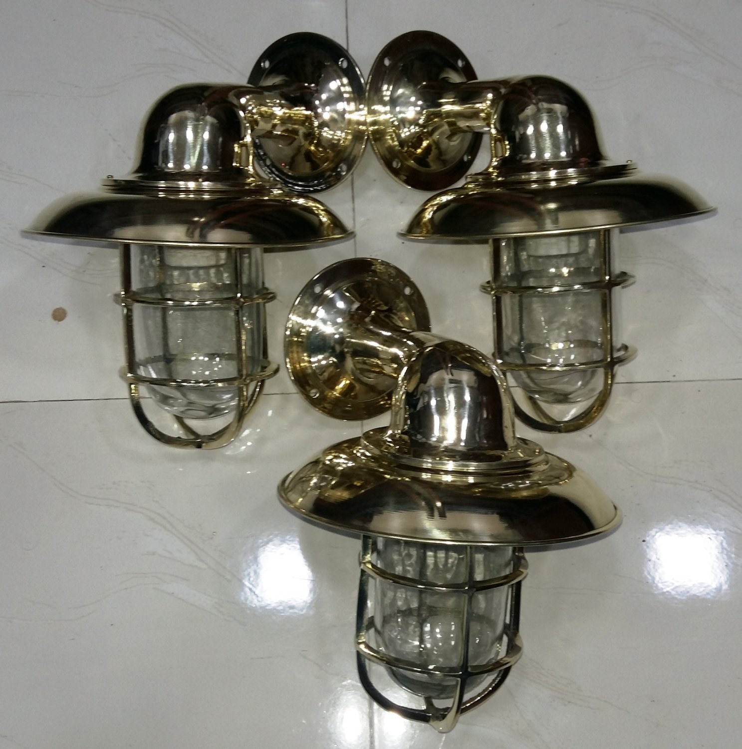 Nautical Bulkhead New Brass Wall Passageway Ship Light With Shade 3 Pieces