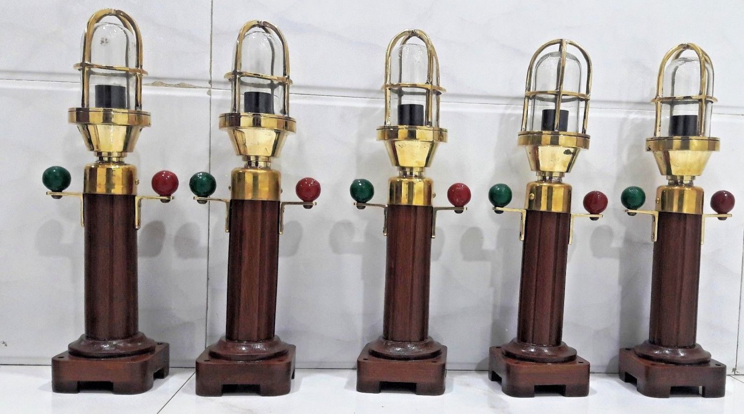 Industrial Modern Nautical Ship Bulkhead Solid Brass Mount Light with Wooden Base Stand 5 Pieces