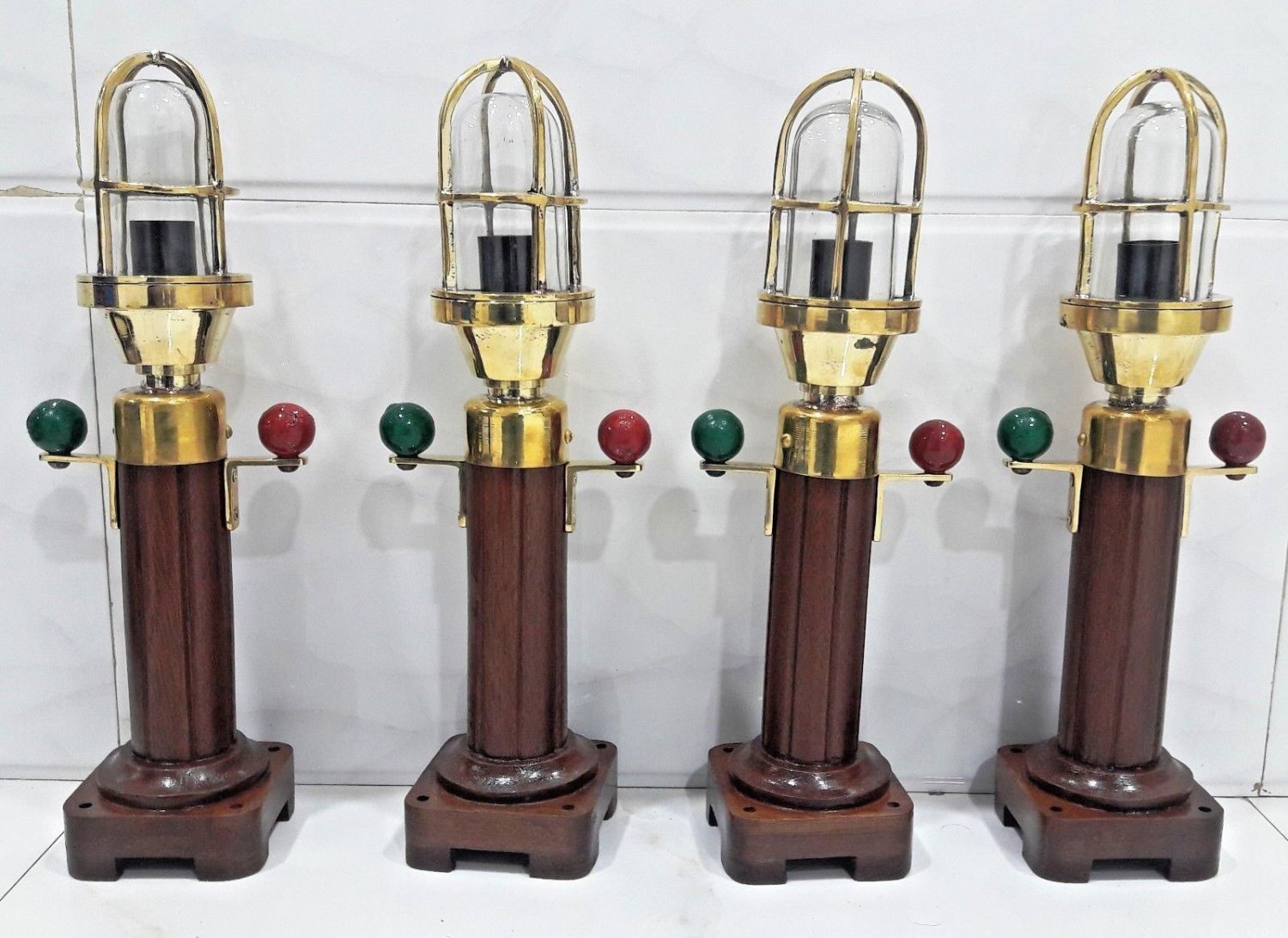 Industrial Modern Nautical Ship Bulkhead Solid Brass Mount Light with Wooden Base Stand 4 Pieces