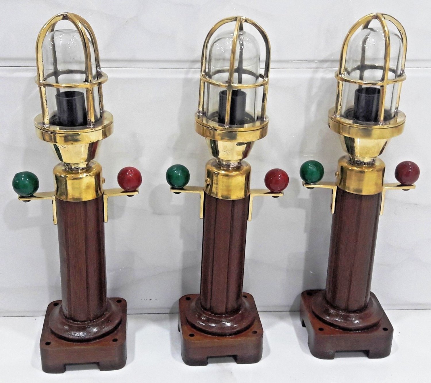 Industrial Modern Nautical Ship Bulkhead Solid Brass Mount Light with Wooden Base Stand 3 Pieces
