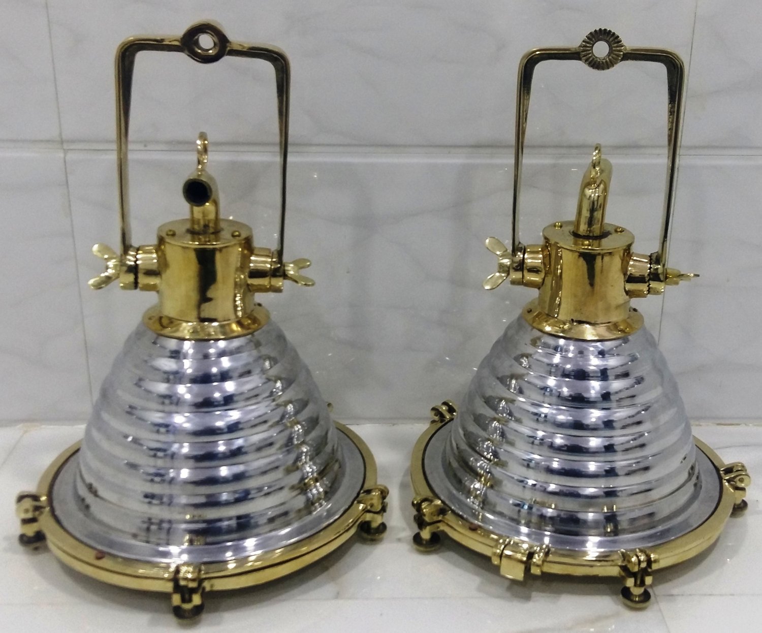 Nautical Aluminum & Brass Smooth Cargo Wiska Ceiling Pendant Spot Light 2 Pieces