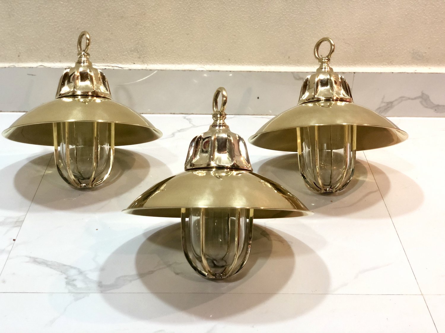 Nautical Marine Solid Brass Passageway Bulkhead Pendant Ship Light With Shade 3 Pieces
