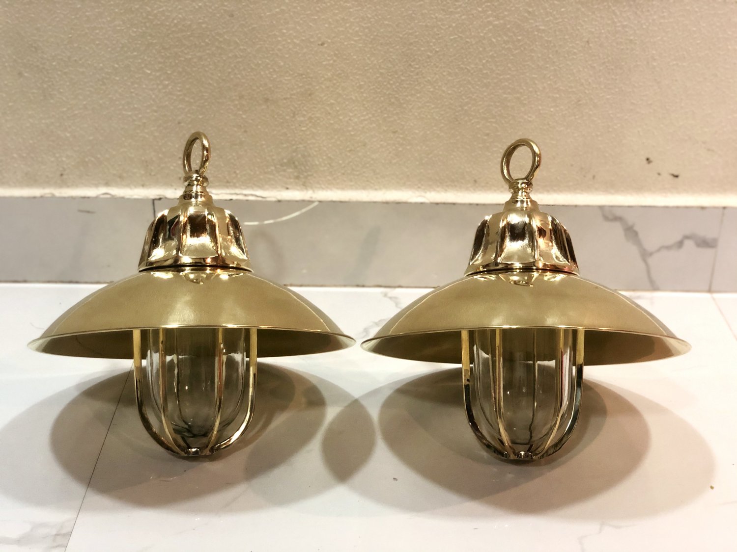 Nautical Marine Solid Brass Passageway Bulkhead Pendant Ship Light With Shade 2 Pieces