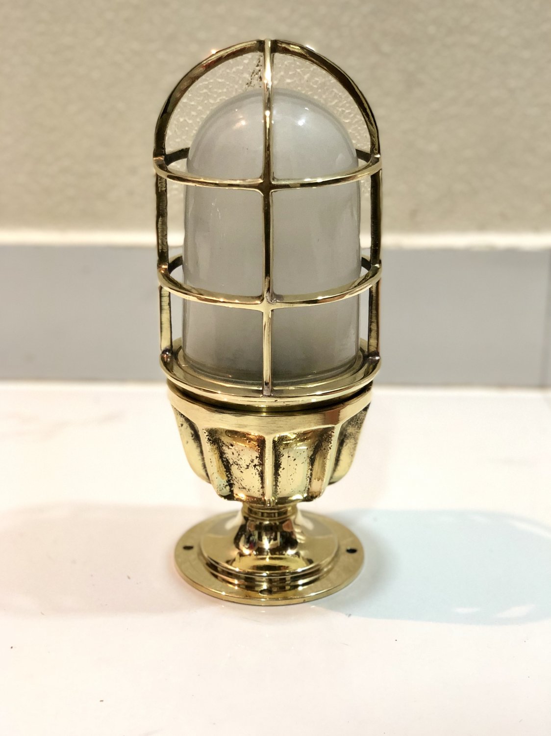 Nautical Antique Marine Solid Brass Mount Ship Bulkhead Passageway Ceiling Light With White Glass