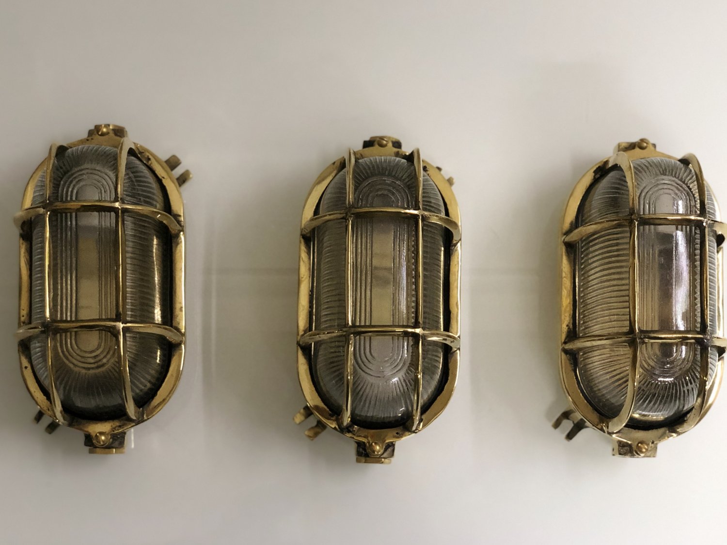 Vintage Solid Brass Original Ship Nautical Antique Cage Wall Passageway Oval Ceiling Light 3 Pieces