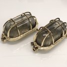 Vintage Solid Brass Original Ship Nautical Antique Cage Wall Passageway Oval Ceiling Light 2 Pieces