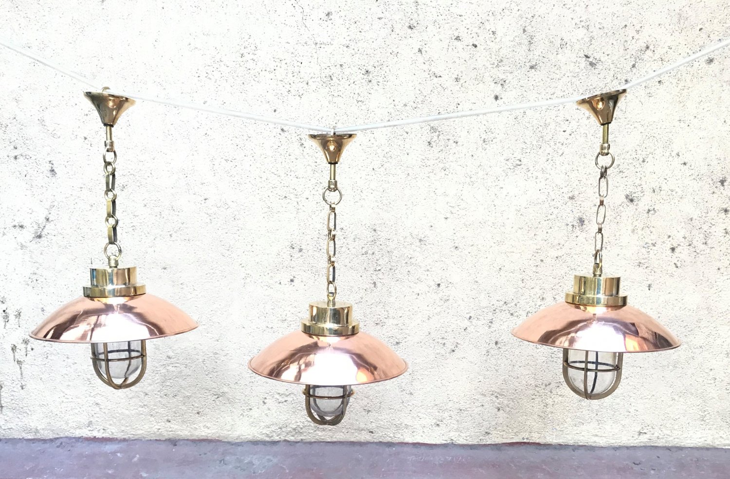 Nautical Passageway Bulkhead Brass Hanging Cargo New Light With Copper Shade 3 Pieces
