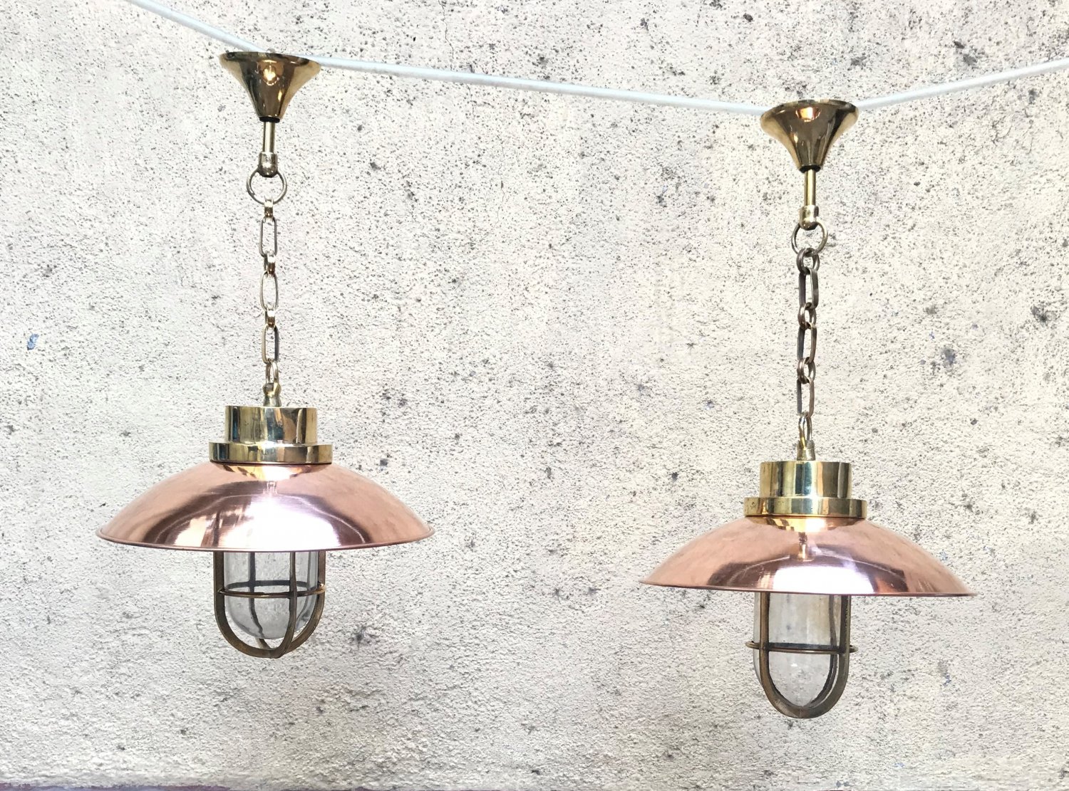 Nautical Passageway Bulkhead Brass Hanging Cargo New Light With Copper Shade 2 Pieces