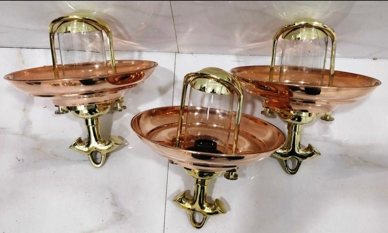 Nautical Vintage Style Hanging Cargo Bulkhead Brass & Copper Shade New light 3 Pieces
