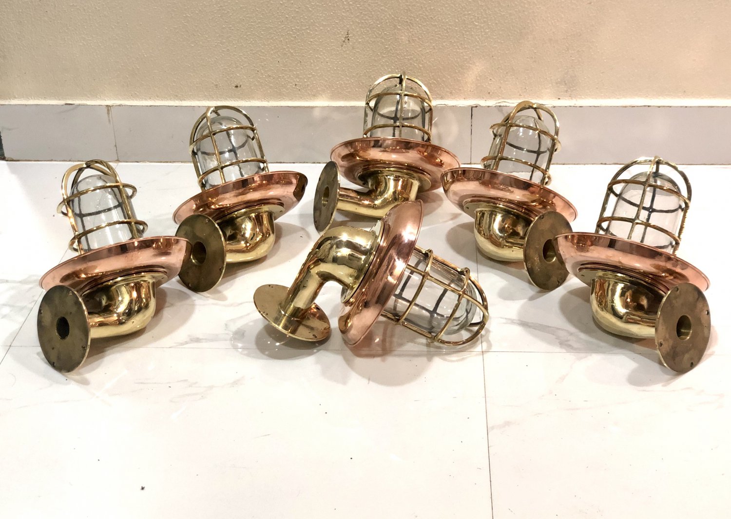 Nautical Bulkhead New Brass Wall Passageway Ship Bulkhead Light & Copper Shade 6 Pieces