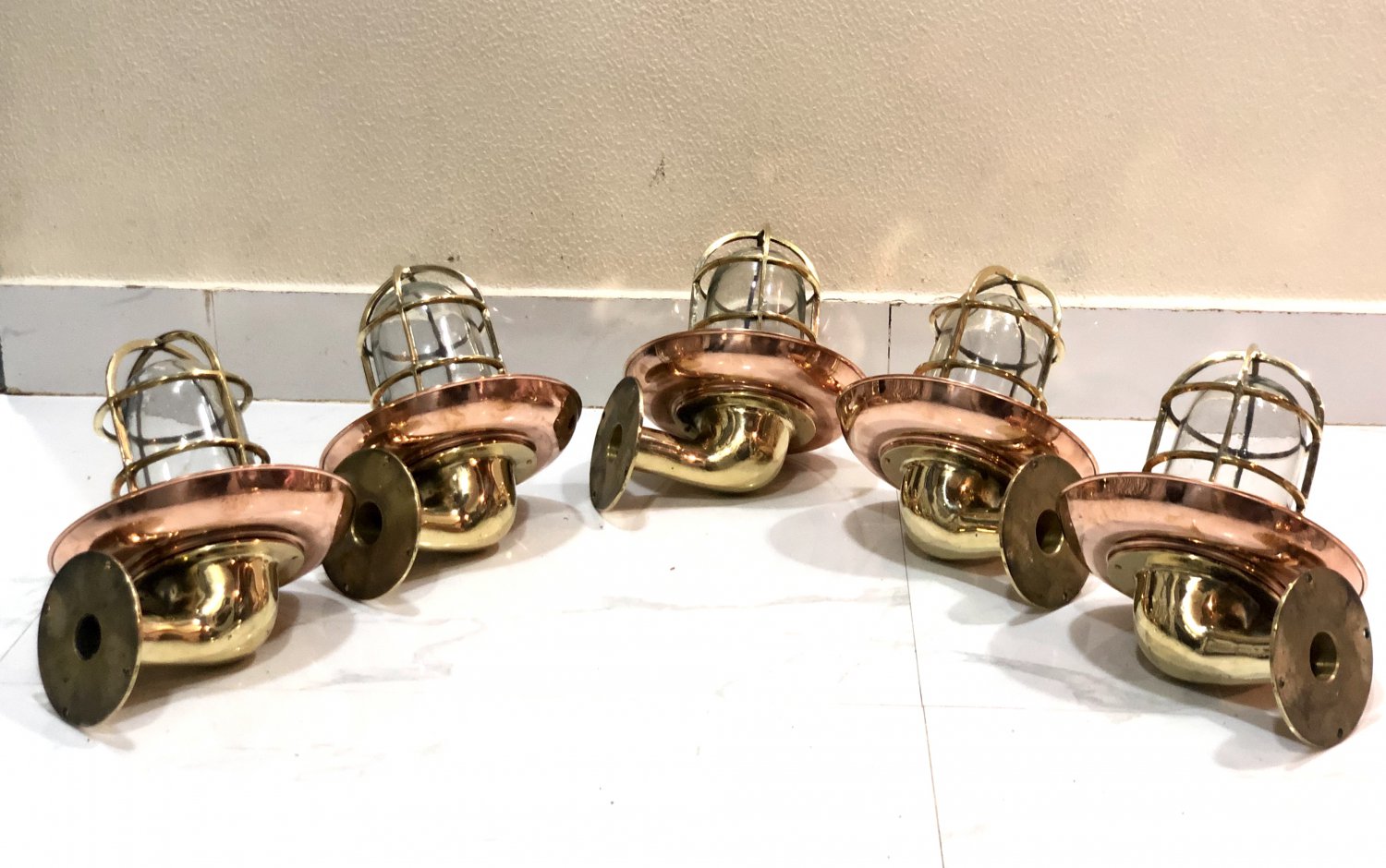 Nautical Bulkhead New Brass Wall Passageway Ship Bulkhead Light & Copper Shade 5 Pieces