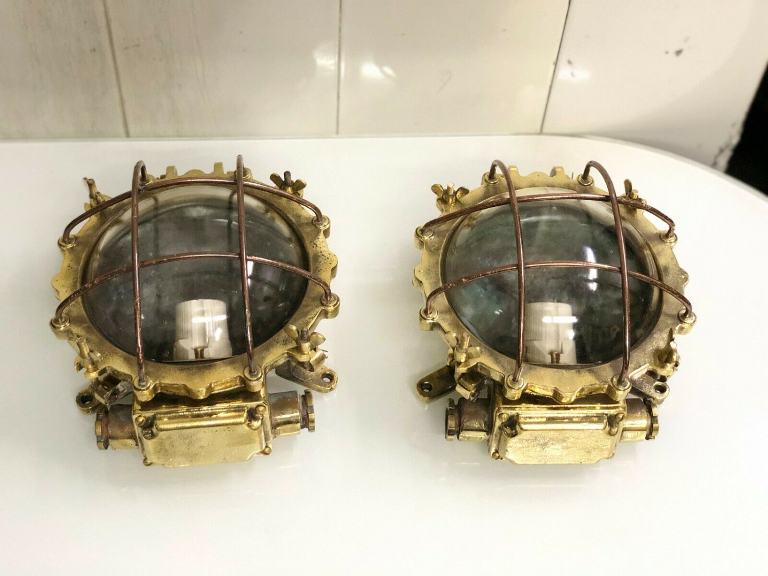 Maritime Antiques Salvaged Brass Bulkhead Wall/Ceiling Mount Deck Light 2 Pieces