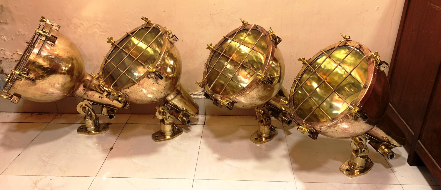 Antique Old Salvage Nautical Ship Brass Pendant/Mount Cargo Spot Light Japan 4 Pieces