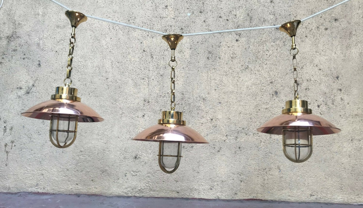 Nautical Passageway Bulkhead Brass Hanging Cargo New Light with Copper Shade 3 Pieces