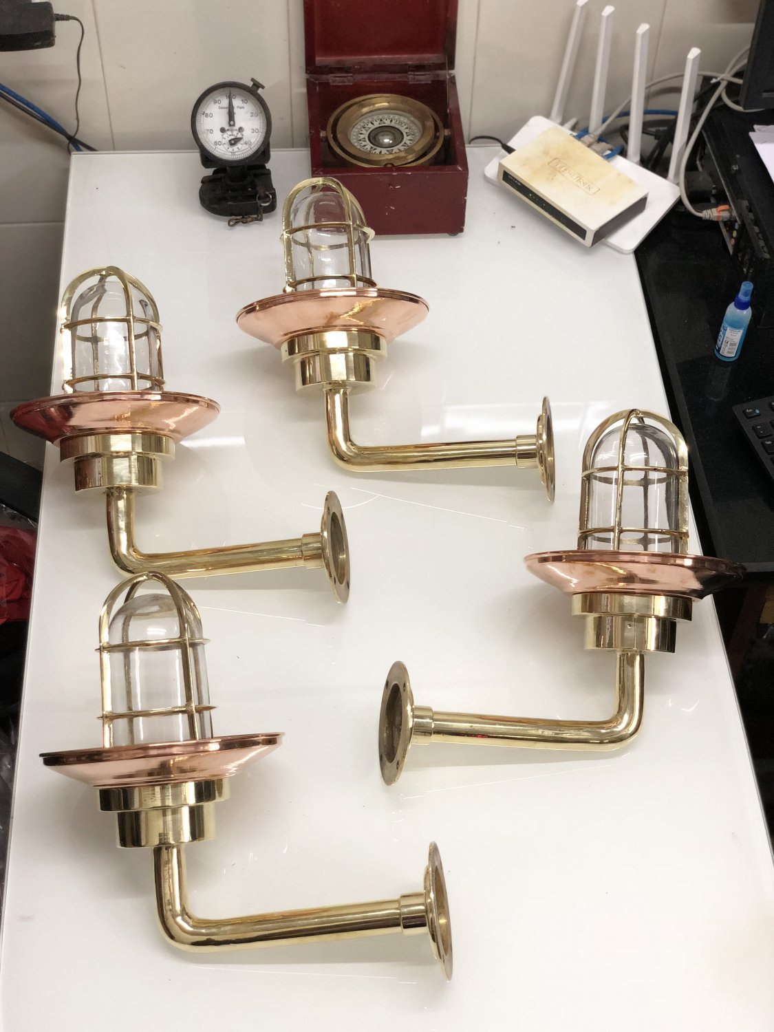 Nautical New Marine Brass Ship Passageway Bulkhead Light With Copper Shade 4 Piece