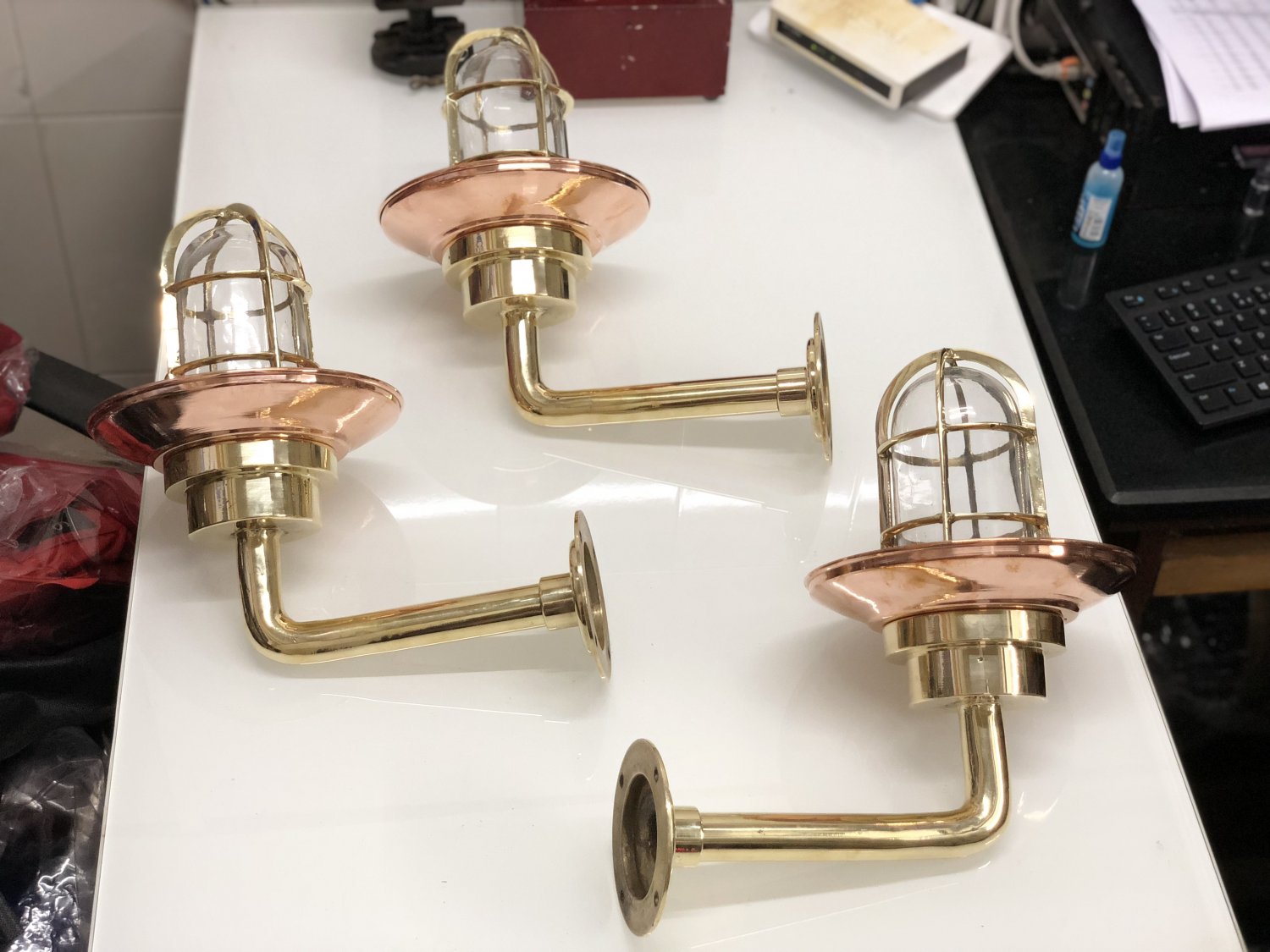 Nautical New Marine Brass Ship Passageway Bulkhead Light With Copper Shade 3 Piece