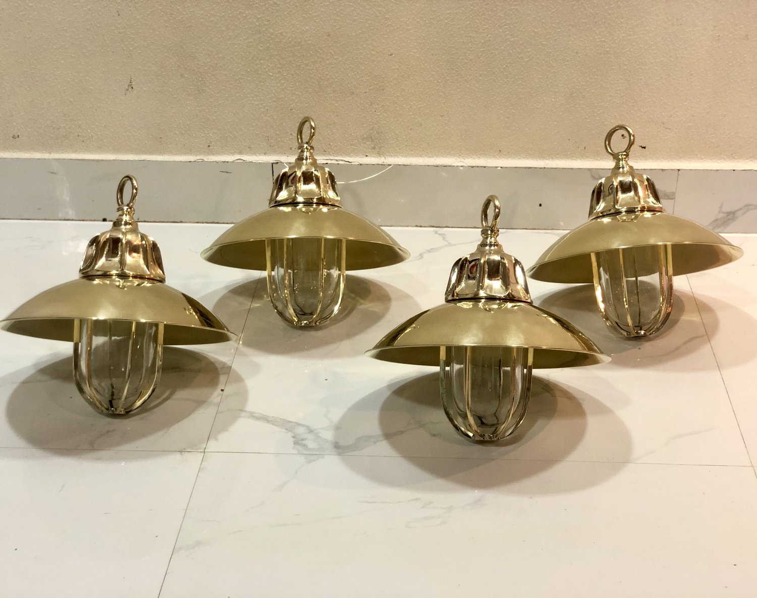Nautical Marine Solid Brass Passageway Bulkhead Pendant Ship Light with Shade 4 Pieces