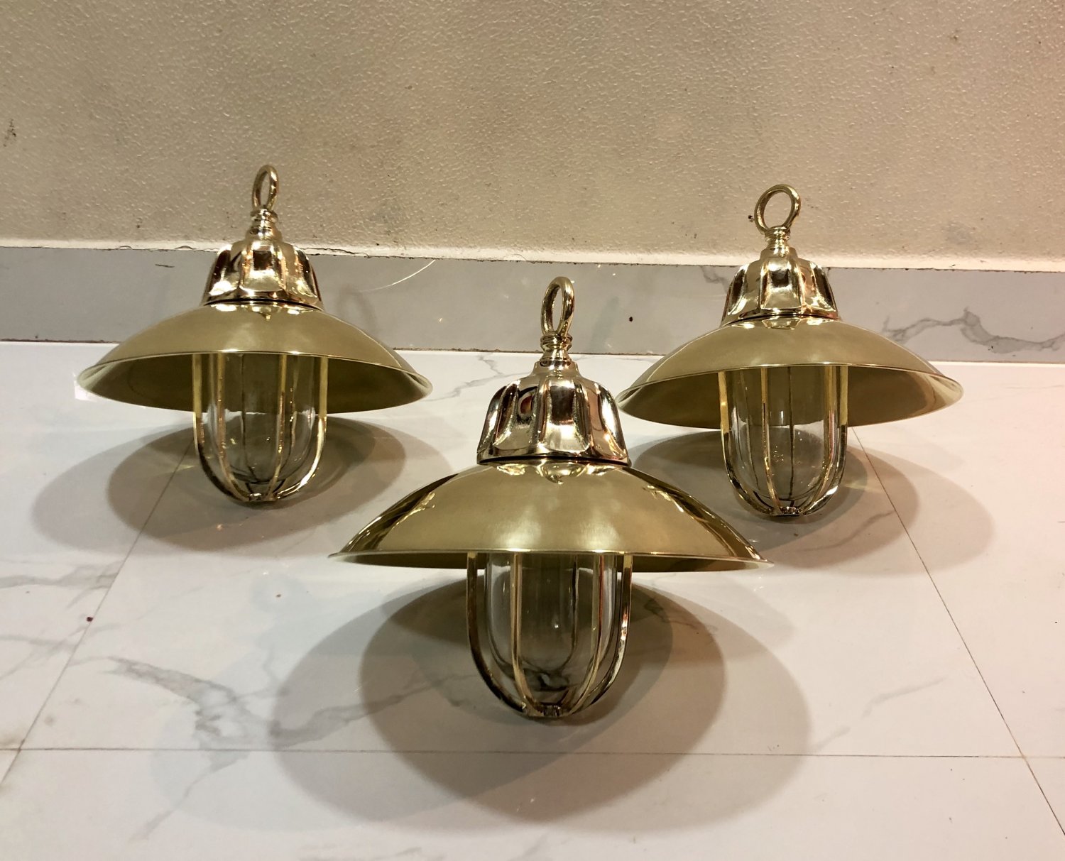 Nautical Marine Solid Brass Passageway Bulkhead Pendant Ship Light with Shade 3 Pieces
