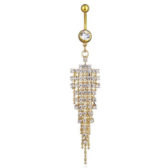 Long Dangle Tassel Crystals Navel Ring Gold