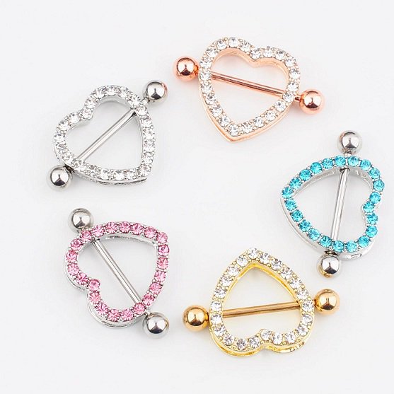 Pair ~ Crystal Hearts Silver Nipple Bars