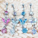 Butterfly & Flower Crystal Navel Belly Button Ring 4 Colors Available