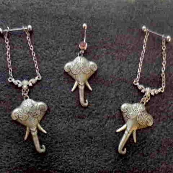 Silver Elephant Navel & Nipple Bars Set