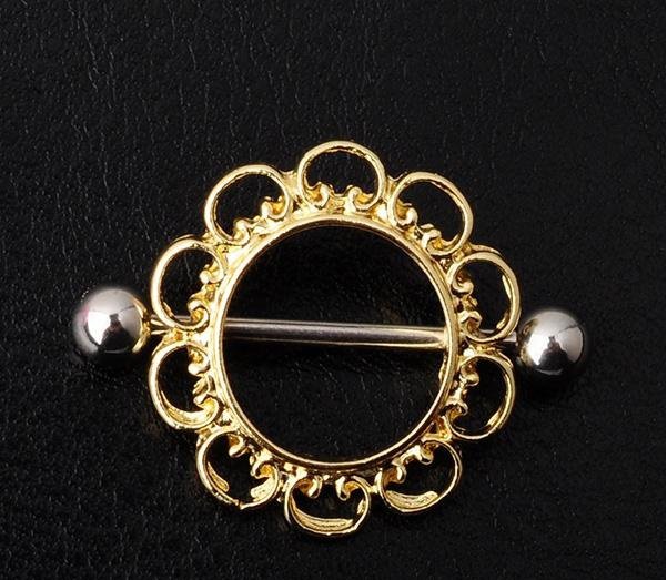 Pair ~ Gold Circle Flower Nipple Bars