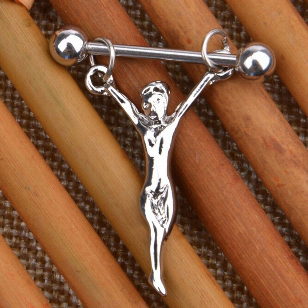 Pair ~ Silver Human Crucifixion Nipple Bars