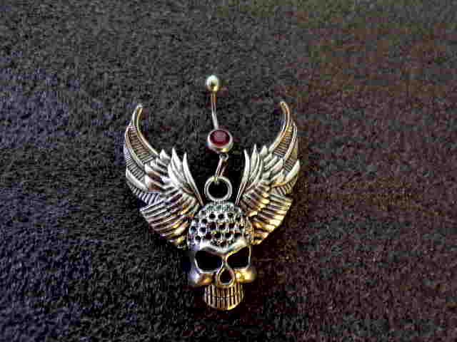 Men Silver Skull Wings Navel Ring