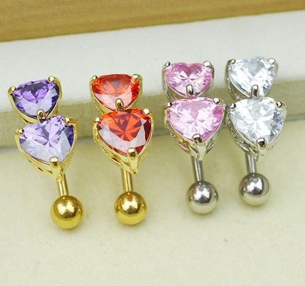 Double Hearts Navel Belly Button Ring - 3 Colors  Available