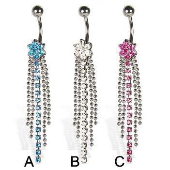 Flower Long Tassel Crystals Navel Belly Button Ring ~ 3 Colors Available