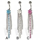 Flower Long Tassel Crystals Navel Belly Button Ring ~ 3 Colors Available